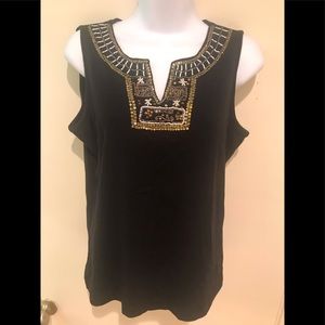 WHITE STAG TEE SHIRT/ TANK WITH GOLD AND WHITE BEADS AND SEQUINS.